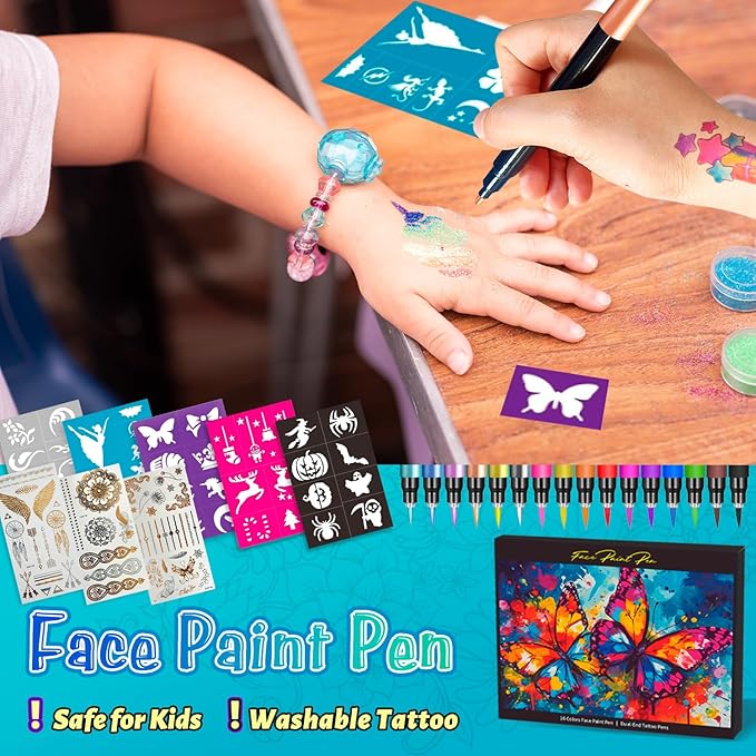 Temporary Tattoo Markers for Skin, 16 Colors Dual-Tip Tattoo Pens + 43 Tattoo Stencils + 50 Tattoo Stickers, Skin-Safe Glitter & Matte Body Markers, Washable Tattoo Kit for Kids Adults