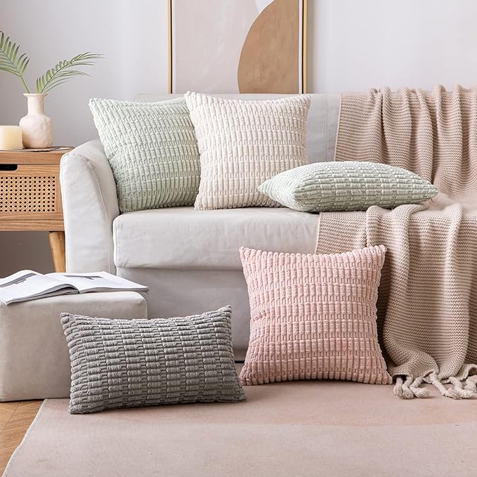 MIULEE Corduroy Decorative Throw Pillow Covers 18x18 Pink Pack of 2 | Soft Boho Striped Pillow Covers Modern Farmhouse Home Decor For Sofa Living Room Couch Bed