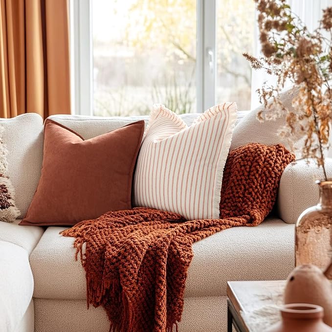 Rust Throw Pillow Covers 16x16 Set of 2 Chenille Fall Pillow Covers with Elegant Design Soft and Luxurious Decorative Throw Pillows for Couch, Bed, and Home Decor