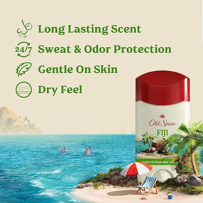 Old Spice Men's Antiperspirant & Deodorant, 24/7 Lasting Freshness, Advanced Sweat & Odor Protection with Skin Conditioners, Invisible Solid, Fiji with Palm Tree Scent, 3.4 oz (Pack of 3)