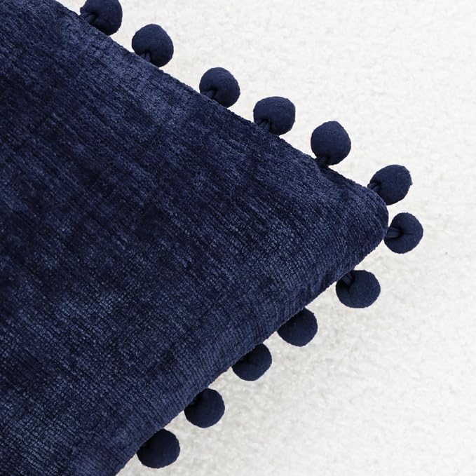 CaliTime Decorative Couch Throw Pillow Covers 20 X 20 Inches Navy Blue | Pack of 2, Cozy Chenille Cushion Cases, with Pom Poms for Sofa Bed Living Room Farmhouse Home