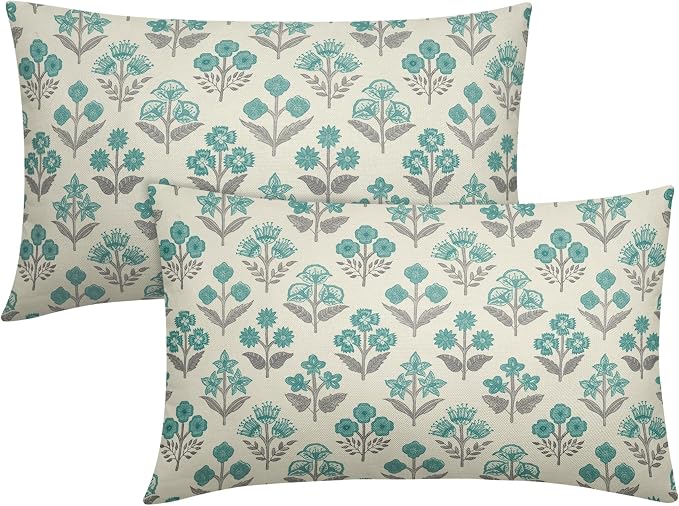 Teal Grey Gray Floral Pillow Covers 12x20 Inch Set of 2, Block Print Lumbar Flower Cream Decorative Throw Pillowcases Outdoor Farmhouse Rectangle Cushion Covers Spring Summer Sofa Couch Bed Decor