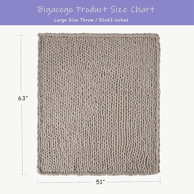 Bigacogo Chunky Knit Throw Blanket for Couch, 51x63 inches, Taupe | Hand Knit with Jumbo Chenille, Soft Breathable Cable Knit for Sofa Bed Living Room, Machine Washable, Gift for Mom Friend