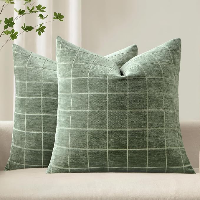 MIULEE Sage Plaid Decorative Throw Pillow Covers 20x20 Set of 2 | Vintage, Check Chenille Couch Pillows, Neutral Boho Farmhouse Cushion Covers, Modern Home Decor for Sofa Bed Living Room
