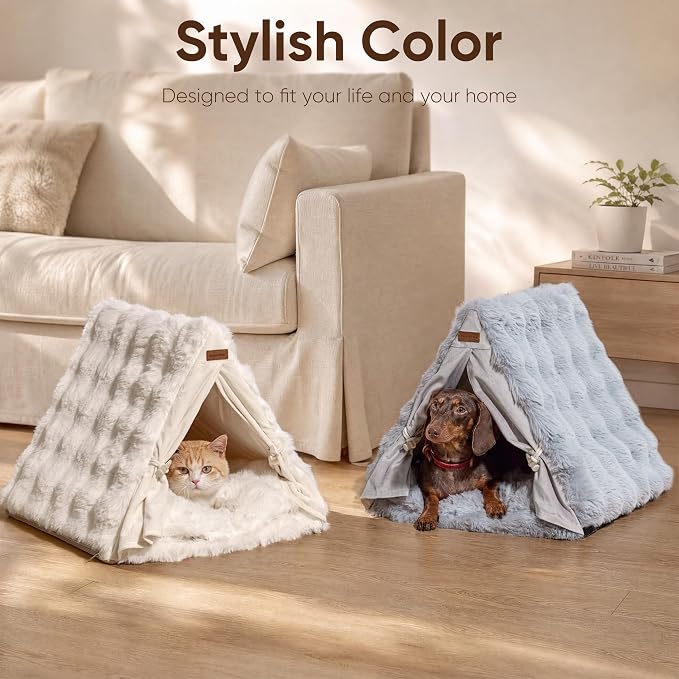 FUKUMARU Cat Cave Bed, Sturdy Frame Washable Cat Tent Bed with Curtain | Semi-Enclosed Cat Hideaway for Anxious Cats, Large Cozy Cat House for Indoor Cats, Soft Plush Covered Dog Bed, Cream