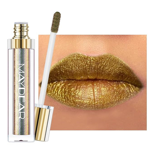 Maydear Chameleon Lipstick, High Pigmented Gold Lipstick for Women Metallic Shine Lip Gloss, Full-Coverage Multichrome Lipstick Long Lasting Rainbow Lip Makeup, Golden Bronze(07)
