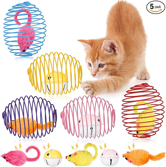Jecery 5 Pcs Cat Toys Spring,Mouse and Bell,Multicolor