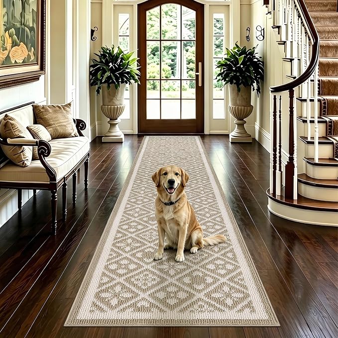 Ileading Hallway Runner Rug 2x10 ft,Washable Indoor Beige Entryway Carpet with Non Slip Rubber Backing,Low Pile Heavy Duty Kitchen Floor Mat for Entrance & High Traffic Areas