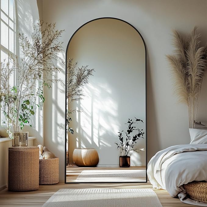 Arched Full Length Mirror with Stand, 75x35 Black Floor Mirror | Aluminium alloy frame with HD float glass for distortion-free reflection. Free standing or wall mounted.