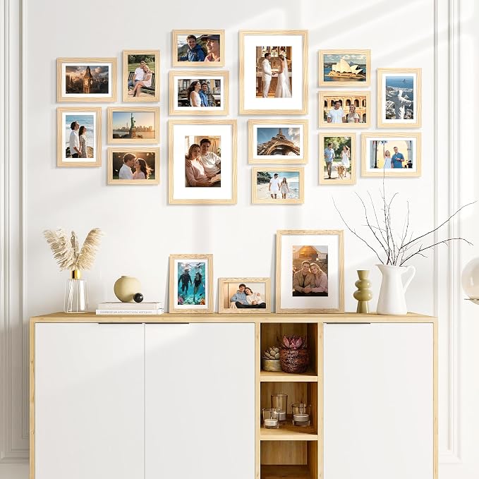 upsimples Picture Frames set of 19, Including 8x10, 5x7, 4x6 Natural Frame | Multi Picture Frames Collage Wall Decor, Gallery Wall Frame Set, Gift For Christmas, Mothers' day, Wedding, Dorm, Living Room