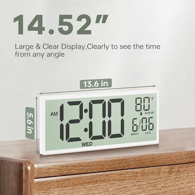 JALL Large Digital Wall Clock Battery Operated, Wall Clock with Big Numbers LCD Display, Digital Clock with Simultaneous Date Day Temperature, Auto DST, Clocks for Office, Gym, Bedroom, Elderly- White