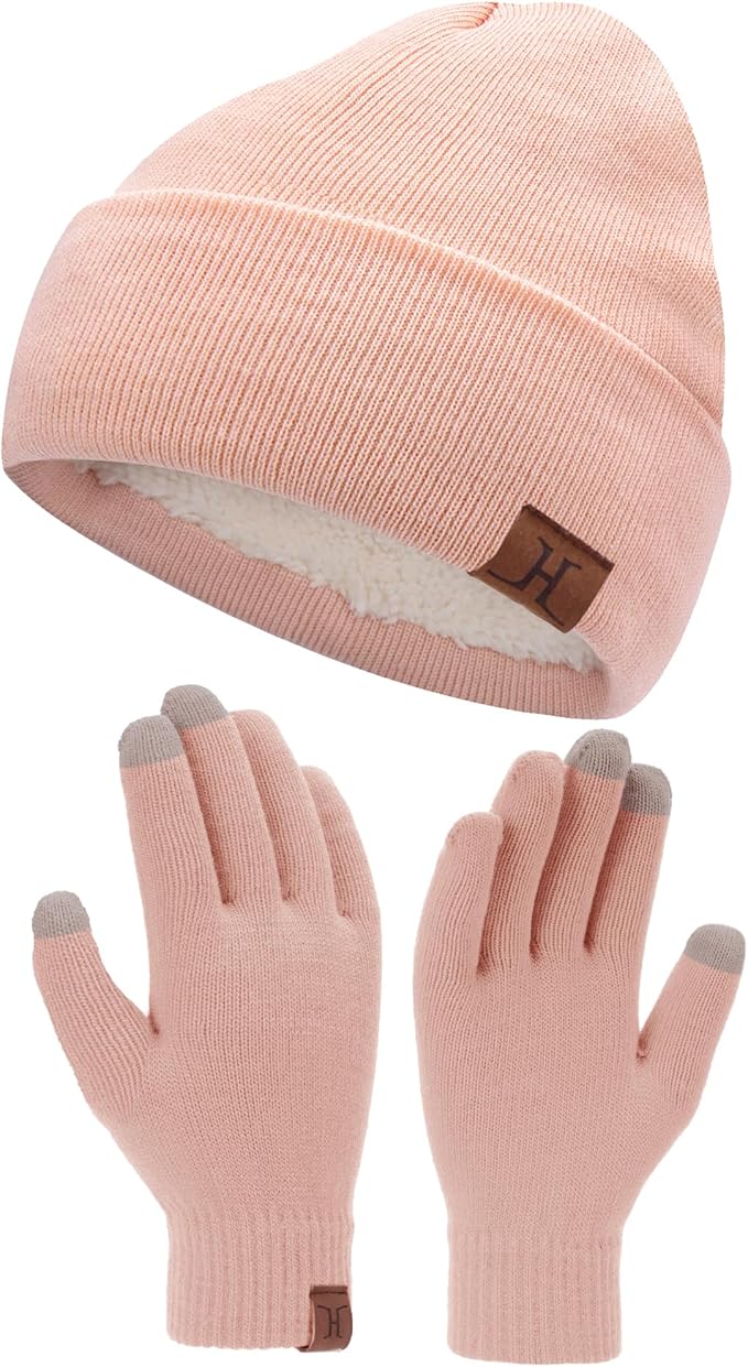 Winter Warm Beanie Hat Touchscreen Gloves Set, Soft Skull Cap Gloves Set for Men and Women with Warm Knit Fleece Lined