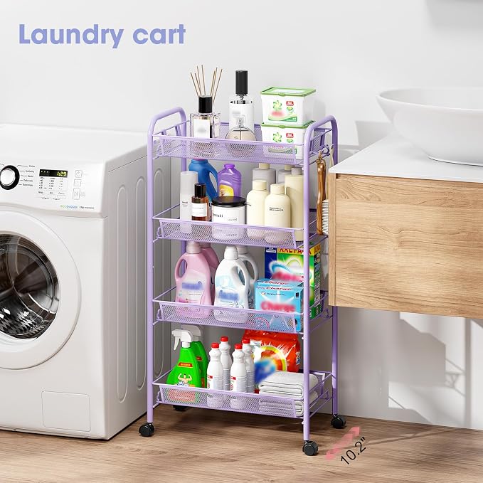 TOOLF 4 Tier Rolling Cart, Metal Utility Storage Cart with Wheels, Purple | 3 Hooks, Screwless Assembly, Trolley Organizer for Bathroom, Kitchen, Office, Nursery, Dorm, Laundry Room
