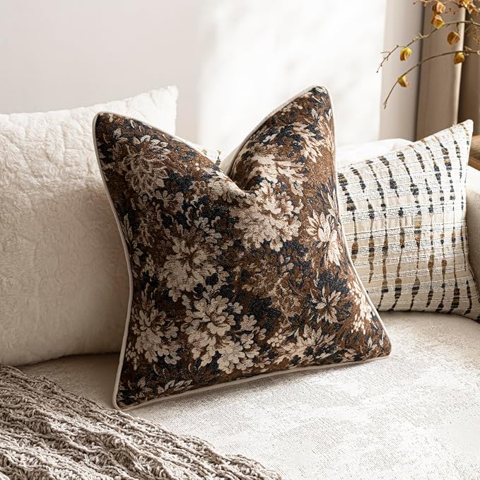 Pack of 2 Vintage Floral Throw Pillow Covers 18x18 Boho Farmhouse Accents Chenille Square Decorative Pillow Cases for Living Room Couch Bed Home Decor, Dark Brown