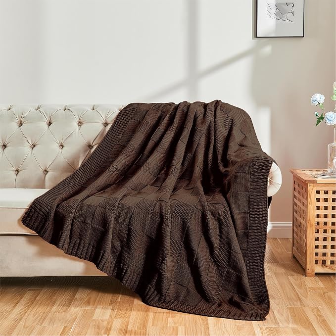 CozeCube Dark Brown Knitted Checkered Throw Blanket 60"X80" | Check Knit Throw for Couch, Decorative Christmas Soft Cozy Warm Blanket for Bed Sofa Living Room
