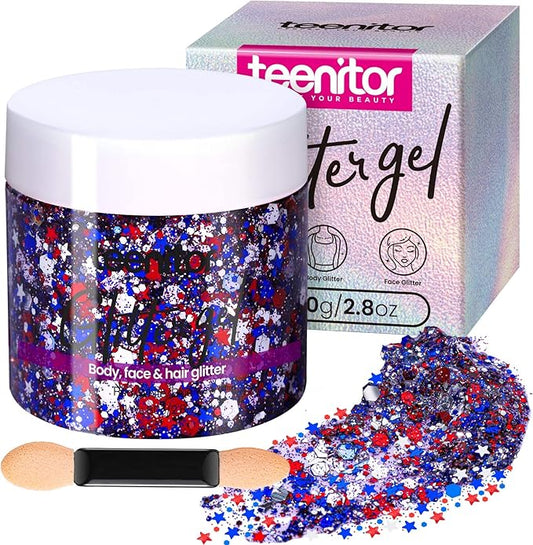 Teenitor 80g Red White and Blue Body Glitter Face Glitter Gel, 4th of July Accessories Hair Glitter for Kids, Fourth of July Outfits for Women, Red White and Blue Face Paint for USA Independence Day