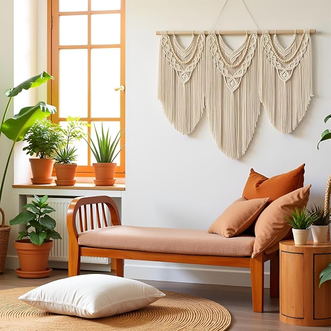 Large Macrame Wall Hanging, Boho Tapestry, 43"x32", Wood Bead Fringe | Handmade bohemian woven tapestry for bedroom, living room, apartment. Perfect Boho style wall decor art for weddings, parties