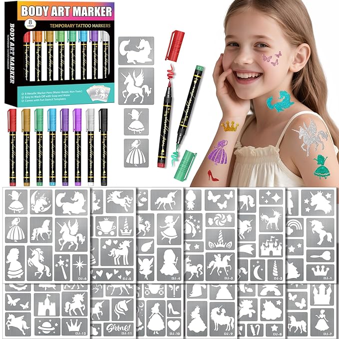 Temporary Tattoo Markers for Skin, 8 Temporary Tattoo Markers + 142 Princess Rainbow Tattoo Stencils for Kids Adults, Flexible Brush Tip & Bright Colors Marker and Tattoo Stencil Set for Party Favor
