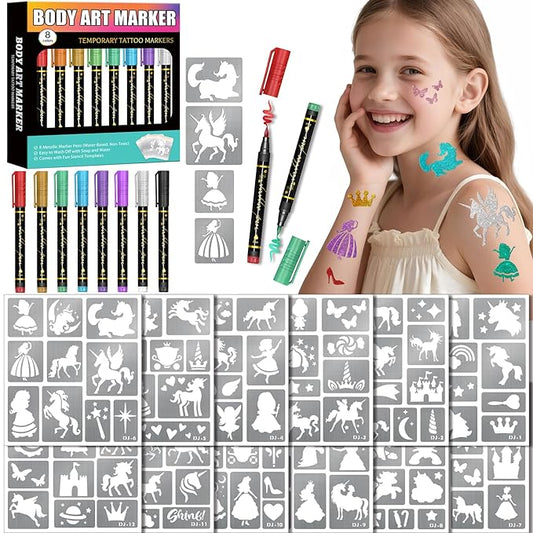 Temporary Tattoo Markers for Skin, 8 Temporary Tattoo Markers + 142 Princess Rainbow Tattoo Stencils for Kids Adults, Flexible Brush Tip & Bright Colors Marker and Tattoo Stencil Set for Party Favor