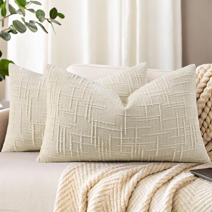 decorUhome Textured Chenille Throw Pillow Covers 12x20 Set of 2 Light Cream | Fall Modern Farmhouse Soft Cozy Slubby Couch Pillow Cases Boho Decorative Pillow Cases for Bed Sofa Living Room Home Decor