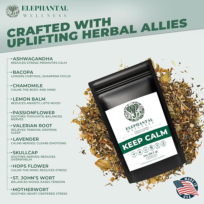Elephantal Wellness Keep Calm Herbal Tea | Stress Relief & Mood Support with Ashwagandha, Lemon Balm, Chamomile, Valerian & St. John’s Wort | Handmade, Caffeine-Free Loose Leaf Blend | 2oz, 20 Servings