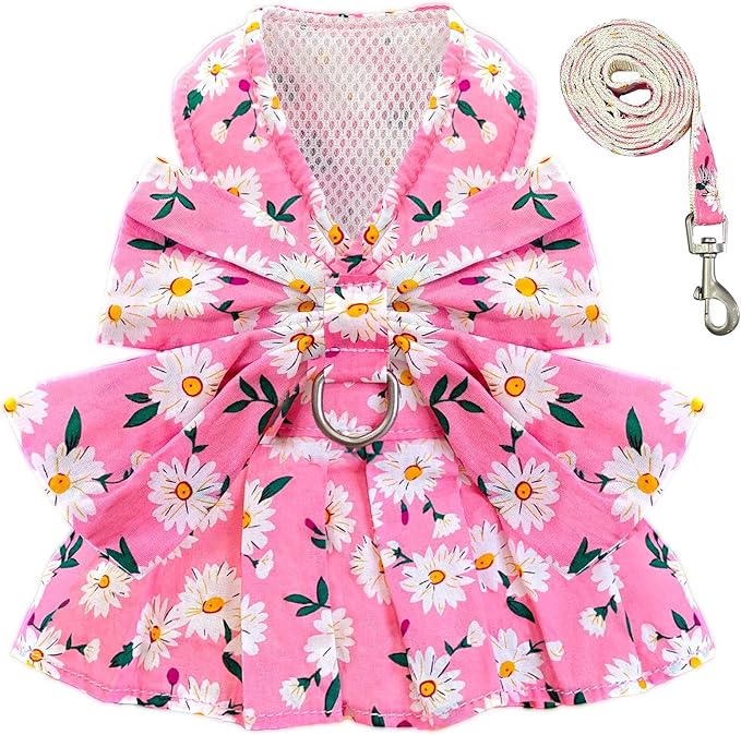 BAEJMJK Dog Dress Bowknot Harness Leash Set for Small Dogs Cats Daisy Floral Girl Dog Dresses Cute Puppy Princess Clothes Pet Doggy Outfits Spring Summer Breathable Dresses(Pink,Small)