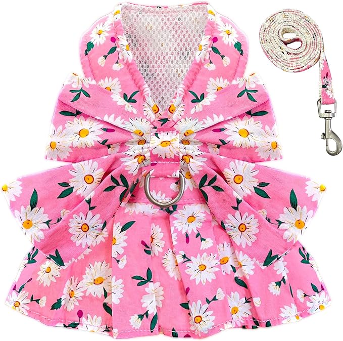 BAEJMJK Dog Dress Bowknot Harness Leash Set for Small Dogs Cats Daisy Floral Girl Dog Dresses Cute Puppy Princess Clothes Pet Doggy Outfits Spring Summer Breathable Dresses(Pink,Medium)