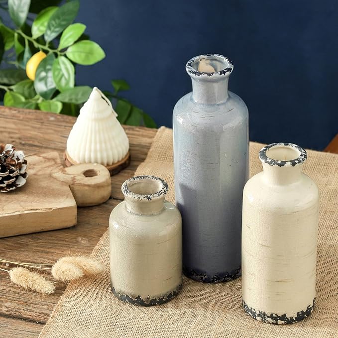 Ceramic Vase Set of 3, Neutral Flower Vases Home Decor, Pottery Rustic Farmhouse Decorative Vases Modern Decor for Table Mantel Entryway Bookshelf Living Room Kitchen Bedroom - Ocean