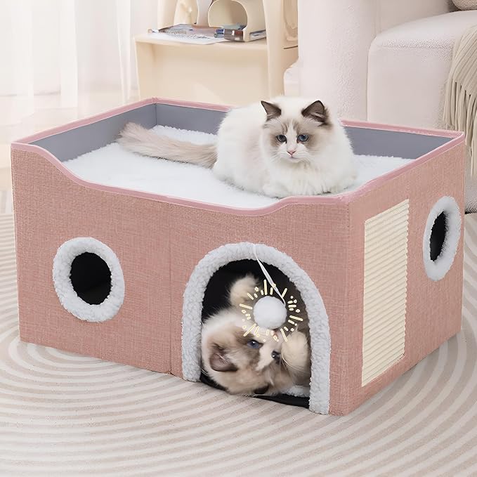 Loyareal Cat Houses for Indoor Cats - Large Cat Bed Cave with Scratch Pad and Fluffy Ball, Foldable Cat Condo Hideaway with Reversible Cushion for Multi Small Pet, Pink