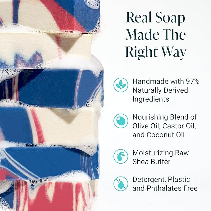 The Bubble Factory Handmade Natural Bath & Body Soap Bar, Vegan, All-Natural, Palm Oil Free, Made in USA with Shea Butter + Essential Oils, Patriot, 3 Bars