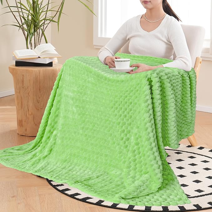 Vessia Flannel Fleece Twin Size Blanket(60x80 inch), 3D Jacquard Light Green Fuzzy and Warm Blanket for Couch, Sofa, 300GSM Super Soft Touch Cozy Lightweight Bed Decor for All-Season