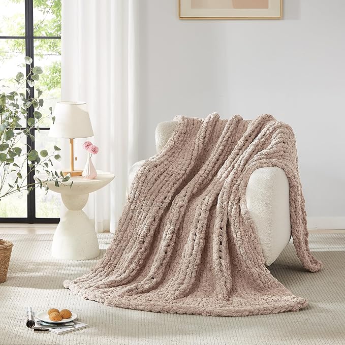 L'AGRATY Chunky Knit Throw Blanket for Couch, 80 x 90 Inches, Light Taupe | Handmade Chenille Crochet Blanket for Sofa Bed, Thick Cable Knitted Blankets for Room Home Decor, Birthday Gift for Women Mom