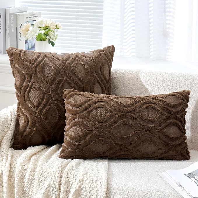 MIULEE Dark Brown Soft Plush Faux Wool Throw Pillow Covers 18x18 | Set of 2, Farmhouse Boho Home Decor, Decorative Cushion Covers for Sofa, Living Room, Bed