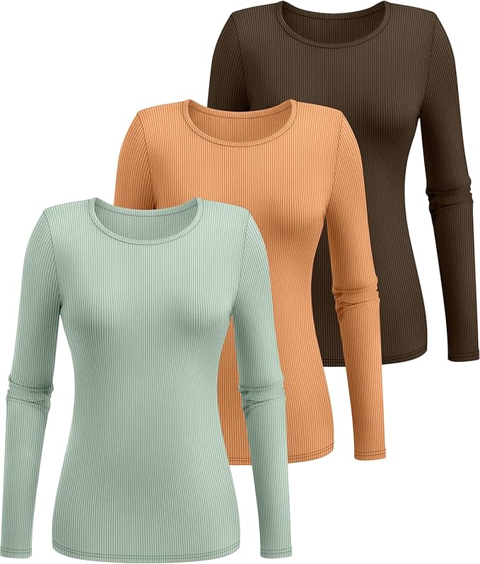 Ficerd 3 Pack Women's Ribbed Long Sleeve Tops, Crew Neck Slim Fit Undershirts Knit Basic Casual Stretch Layering Tee Shirts