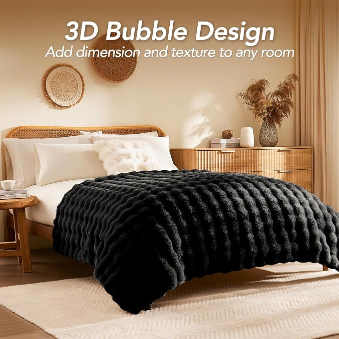 L'AGRATY Faux Rabbit Fur Throw Blanket for Couch, 90'' x 90'', Black | Soft Cozy Bubble Fluffy Blanket for Sofa Bed, Thick Warm Plush Fuzzy Throw for Room Home Decor, Luxury Gift for Women Mom