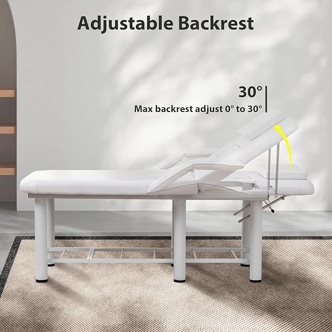 Professional Massage Treatment Bed 73.6 Inch with Handrail, Spa Facial Salon Bed with Removable Headrest & Chest Cushions, Stationary Physical Therapy Table with Adjustable Backrest, Steel Frame