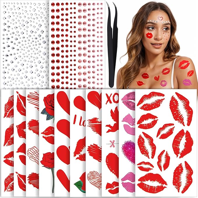 YGDZ Kiss Tattoos Temporary Set, Red Lip Tattoo Stickers & Face Gems for Valentines Makeup, 10 Sheets Lipstick Kiss Temporary Tattoo, Heart Fake Tattoos, Hair Gems, Body, Face Rhinestones for Women