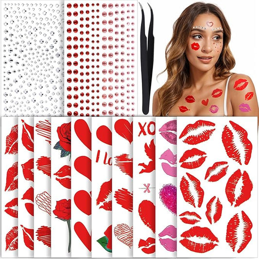 YGDZ Kiss Tattoos Temporary Set, Red Lip Tattoo Stickers & Face Gems for Valentines Makeup, 10 Sheets Lipstick Kiss Temporary Tattoo, Heart Fake Tattoos, Hair Gems, Body, Face Rhinestones for Women
