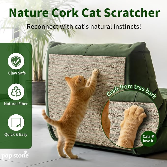 Natural Cork Cat Scratcher Mat, Self-Stick & Trimmable Furniture Protector for Couch, Door, Wall & Bed Corner, Claw-Friendly for Indoor Cats (Catnip Green, 39.4 x 11.8 Inch)