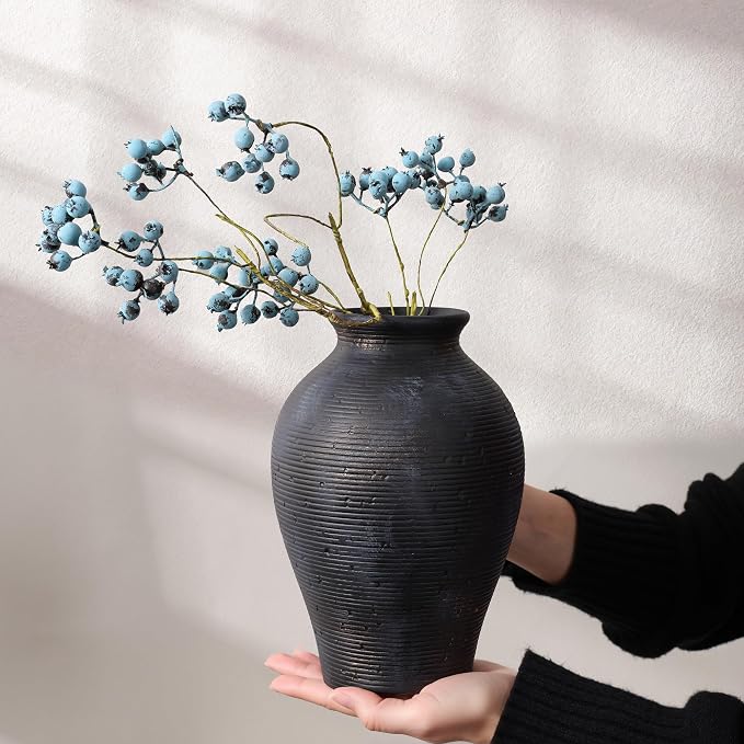 Ceramic Flower Vase Home Decor, 9 in Farmhouse Table Vases Rustic Vintage Living Room Kitchen Bedroom Pottery Decorative Vases for Flowers House Shelf Office Coffee Desk Dining Entryway, Black Gold