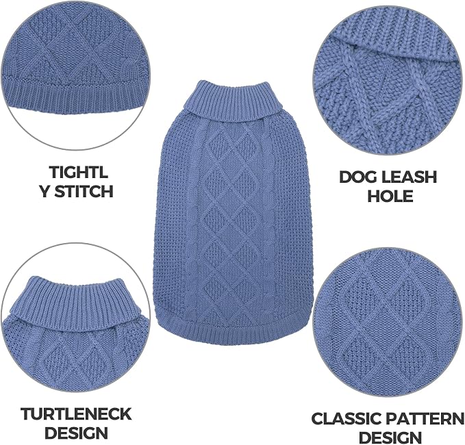 Mihachi Turtleneck Dog Sweater - Winter Coat Apparel Classic Cable Knit Clothes with Leash Hole for Cold Weather, Ideal Gift for Pet in New Year Grayish Blue M