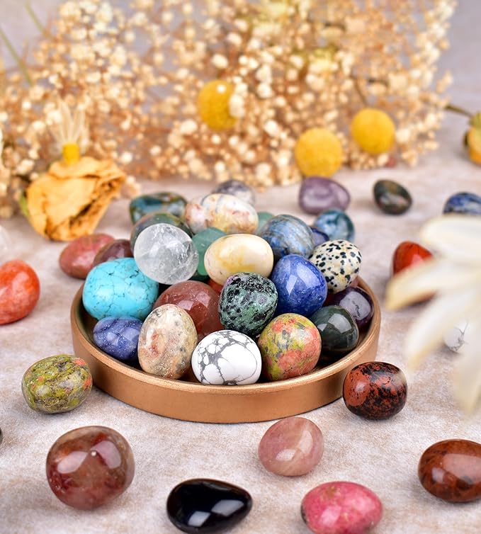 Polished Healing Crystal Stones Set, 36 Different Natural Gemstone Types, 2.5 lbs of 0.8" Tumbled Decorative Rocks Collection for Chakra, Meditation, Reiki, Energy Work, Crafts, Gifts