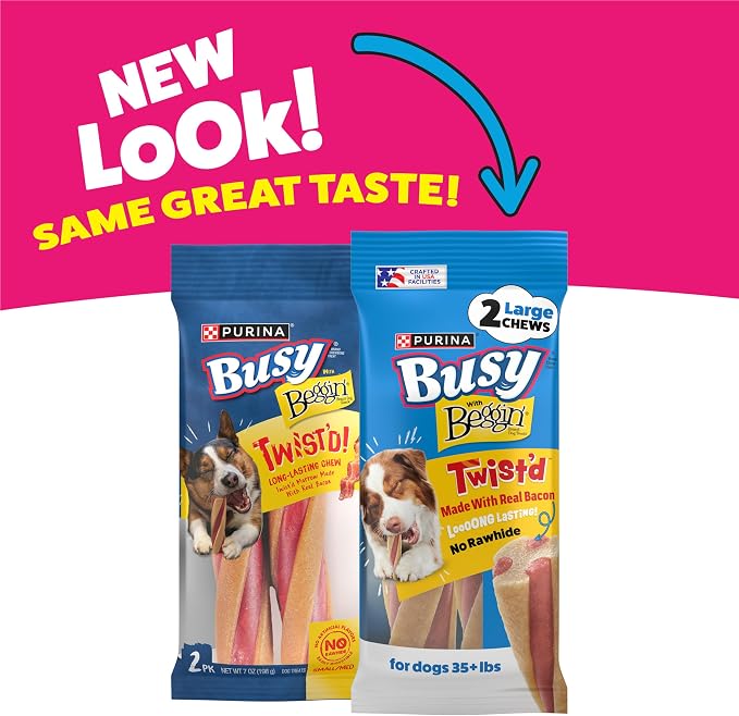 Purina Busy with Beggin Twisted Large Dog Treats, 2 ct. Pouch, Pack of 6 | Bacony dog treat wrapped around long-lasting Busy chew, rawhide free with real meat, for large dogs 35+ lbs
