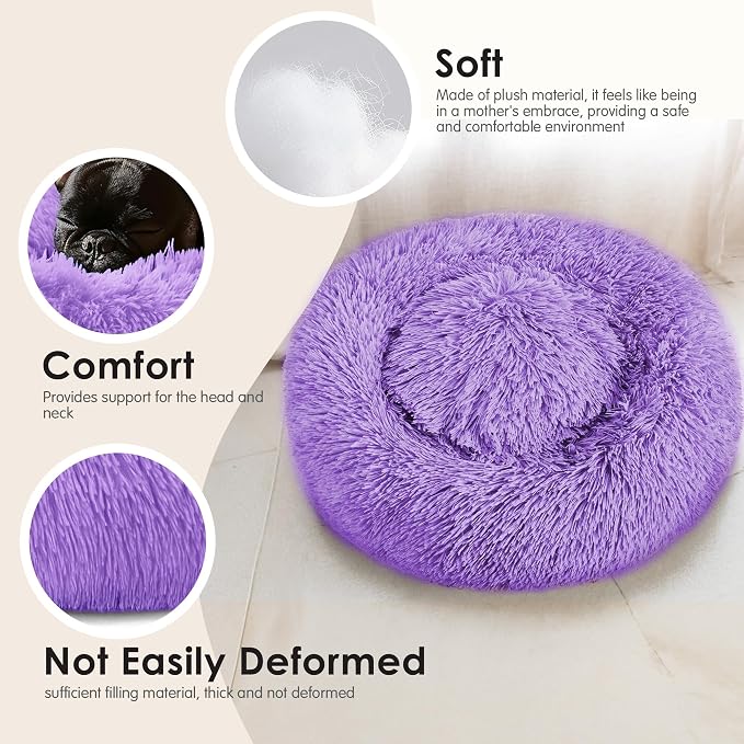 Dogs Bed for Small Dogs, Anti-Anxiety Washable Round Bed (Purple, 24.0" L x 24.0" W x 8.0" Th)