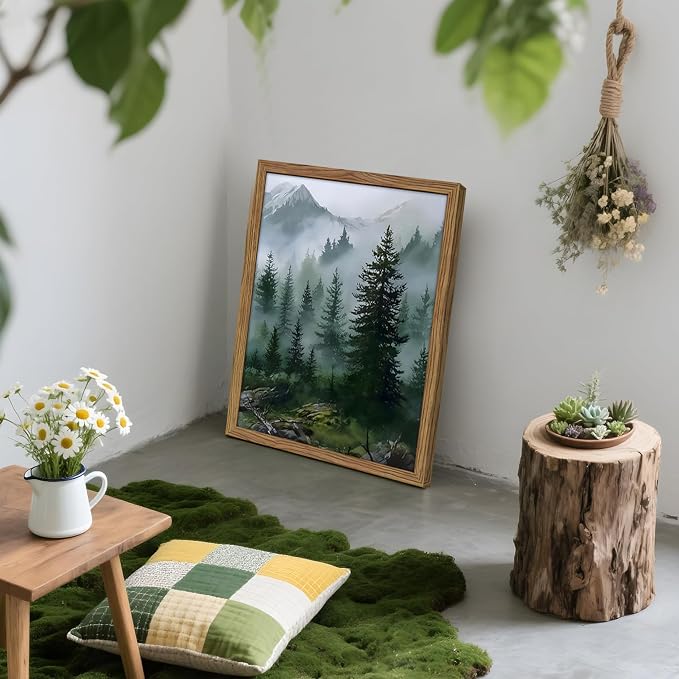 Framed Forest Wall Art Set of 3, Misty Mountain Landscape Canvas Wall Decor Paintings, Nature Tree River Scenery Artwork Prints Pictures for Living Room Bedroom Office 16x24 Inch