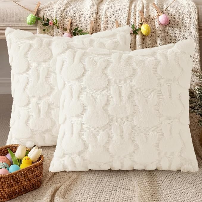 decorUhome Cream White Faux Fur Bunny Throw Pillow Covers 16x16 Set of 2 | Plush Soft Wool Jacquard Cream White Rabbit Cushion Covers, Modern Farmhouse Easter Holiday Decor PillowCases for Sofa Bed