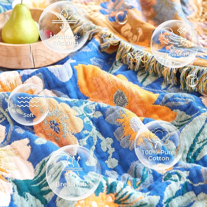 LUTBM Boho Throw Blanket for Bed 60"x80", All Season Cotton Couch Blankets | Blue Reversible Florals Jacquard, All-Season Twin Lightweight Breathable Quilt, For Chair Sofa Bedroom Living Room Decor