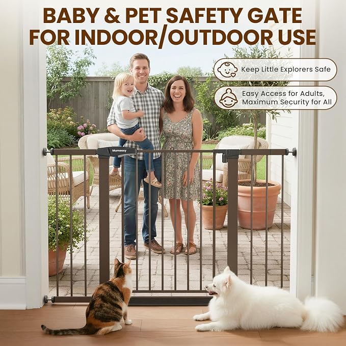 Mumeasy 29.7–48" Baby Gate for Stairs, Dog Gate for Doorways, Auto Close Child Gate, Indoor Safety Pet Gate with Walk Thru Door, Easy Install Pressure Mounted Extra Wide Gate for Kitchen, House, Brown