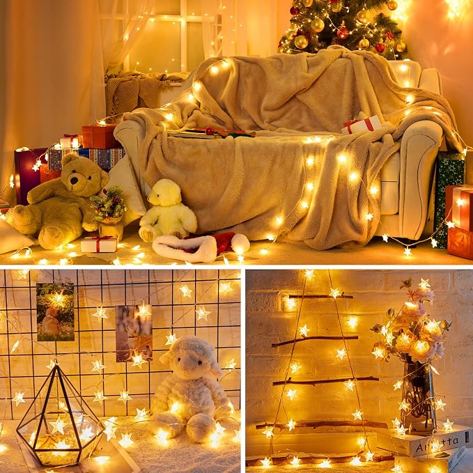 Minetom Star String Lights Battery Operated - 2 Pack 17 ft 50 LED Star Fairy String Lights with Timer, Waterproof for Indoor Bedroom Tent Loft Bed Patio Party Wedding Decor, Warm White