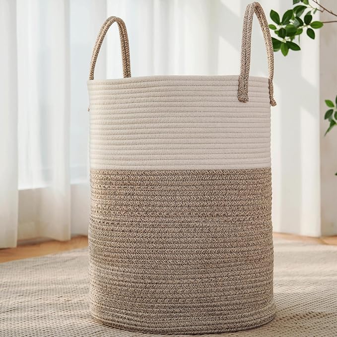 JMvicyroam 100L Cotton Rope Laundry Basket Hamper, Brown | Collapsible Laundry Basket, Reinforced Handles, Freestanding, Machine Washable, Holds 3-5 Thick Blankets, Clothes or Toys